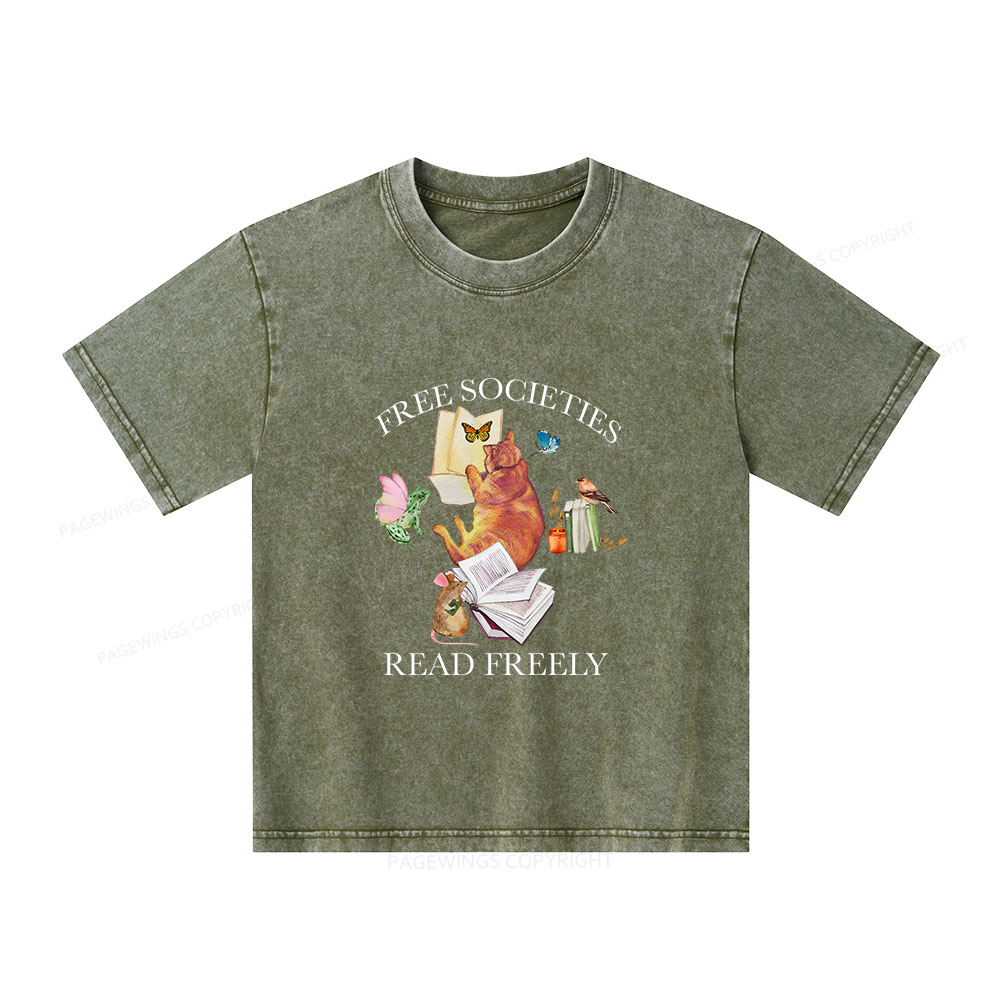 Pagewings Free societies read freely shirt Unisex Kids Washed T-shirt