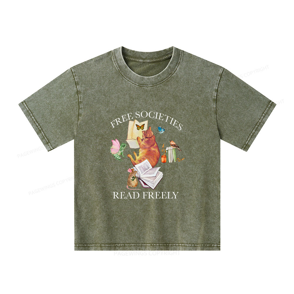 Pagewings Free societies read freely shirt Unisex Kids Washed T-shirt