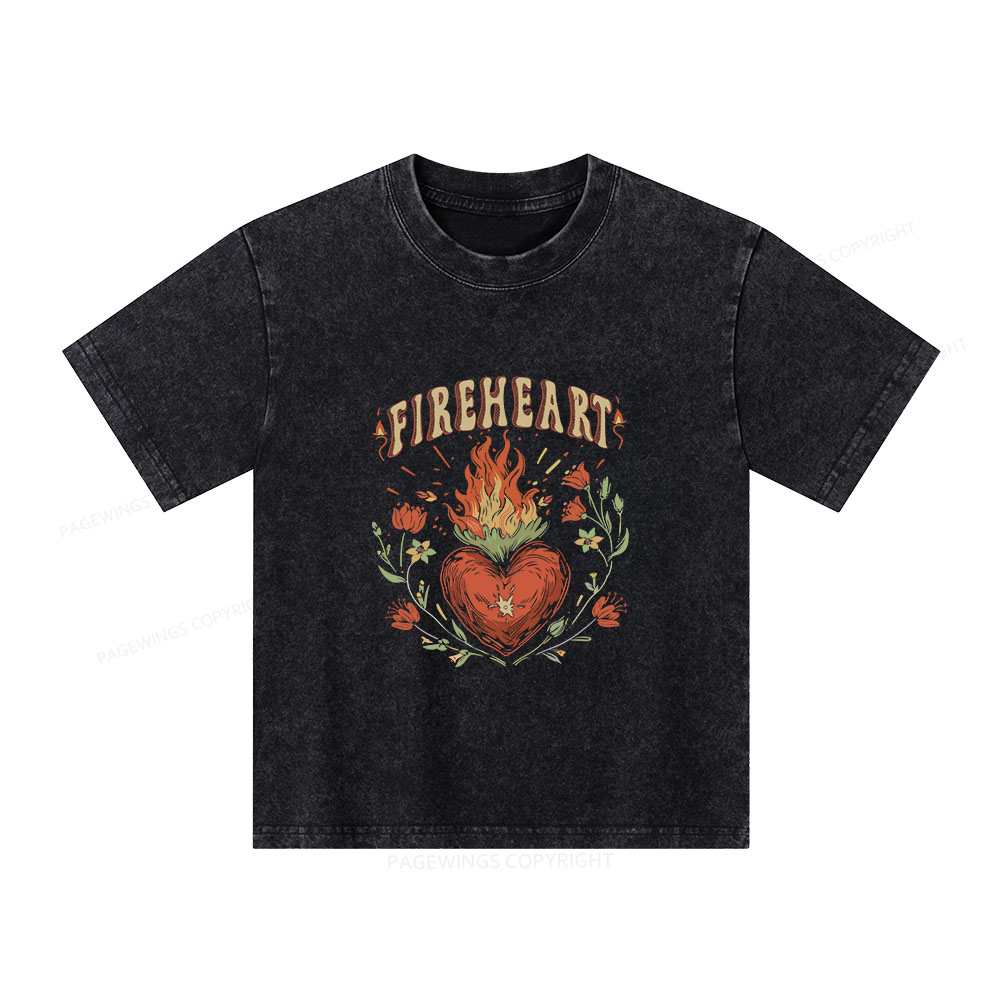Pagewings Vintage Fire-heart Shirt Unisex Kids Washed T-shirt