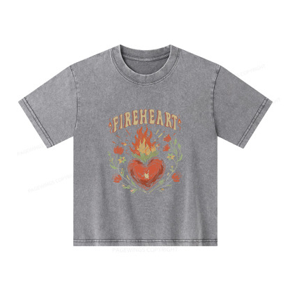 Pagewings Vintage Fire-heart Shirt Unisex Kids Washed T-shirt
