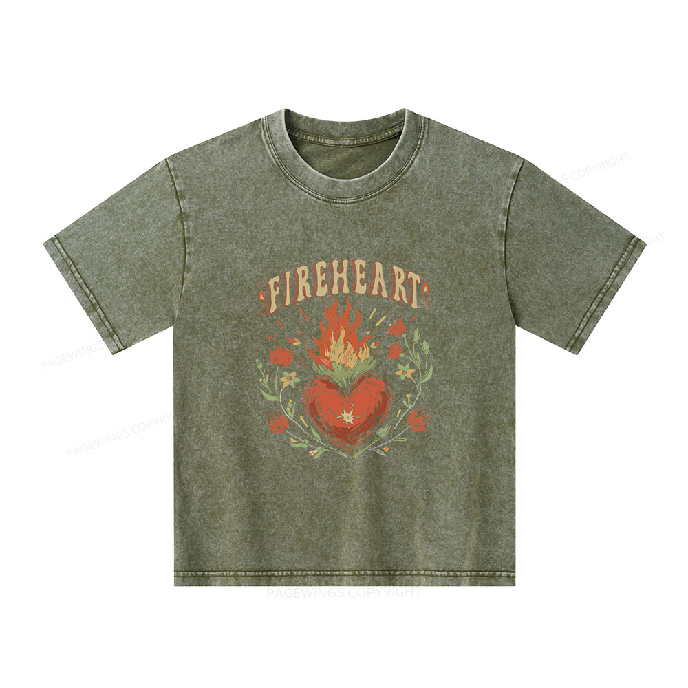 Pagewings Vintage Fire-heart Shirt Unisex Kids Washed T-shirt
