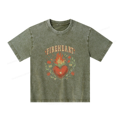 Pagewings Vintage Fire-heart Shirt Unisex Kids Washed T-shirt