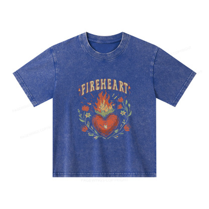 Pagewings Vintage Fire-heart Shirt Unisex Kids Washed T-shirt