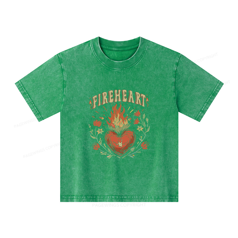 Pagewings Vintage Fire-heart Shirt Unisex Kids Washed T-shirt