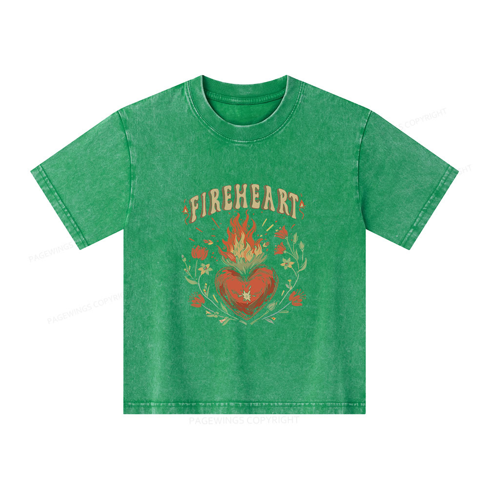 Pagewings Vintage Fire-heart Shirt Unisex Kids Washed T-shirt