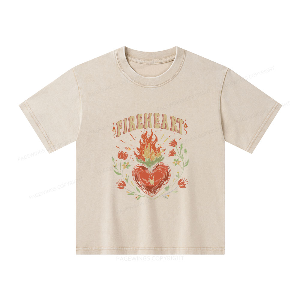 Pagewings Vintage Fire-heart Shirt Unisex Kids Washed T-shirt