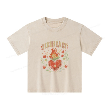 Pagewings Vintage Fire-heart Shirt Unisex Kids Washed T-shirt