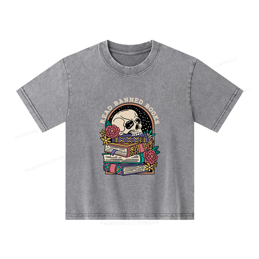 Pagewings Read Banned Book Floral Unisex Kids Washed T-shirt