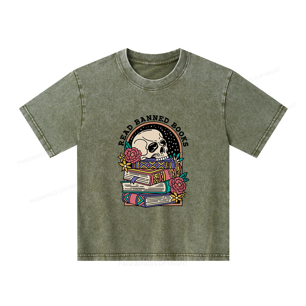 Pagewings Read Banned Book Floral Unisex Kids Washed T-shirt