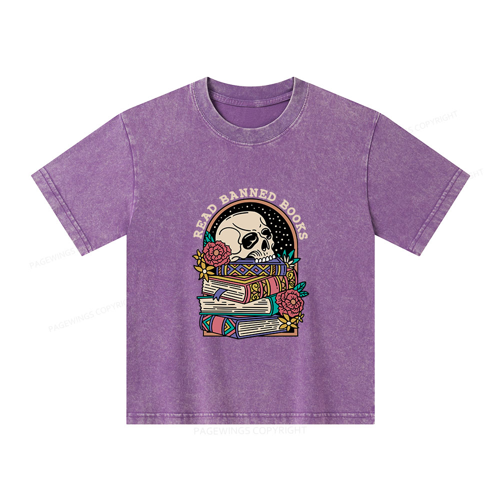 Pagewings Read Banned Book Floral Unisex Kids Washed T-shirt