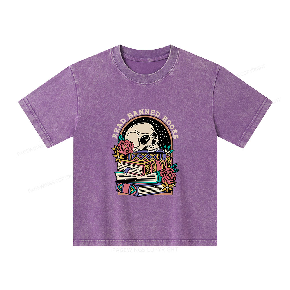Pagewings Read Banned Book Floral Unisex Kids Washed T-shirt