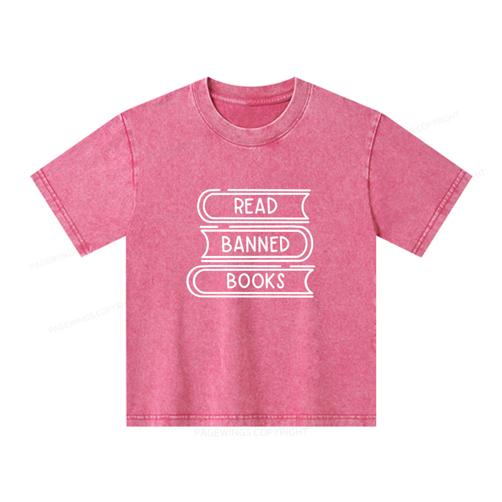 Pagewings Read Banned Books Stack Unisex Kids Washed T-shirt
