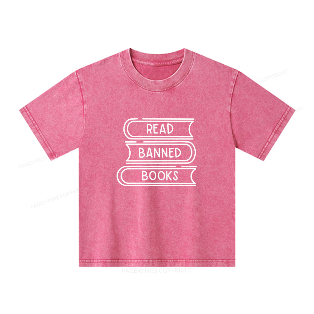 Pagewings Read Banned Books Stack Unisex Kids Washed T-shirt