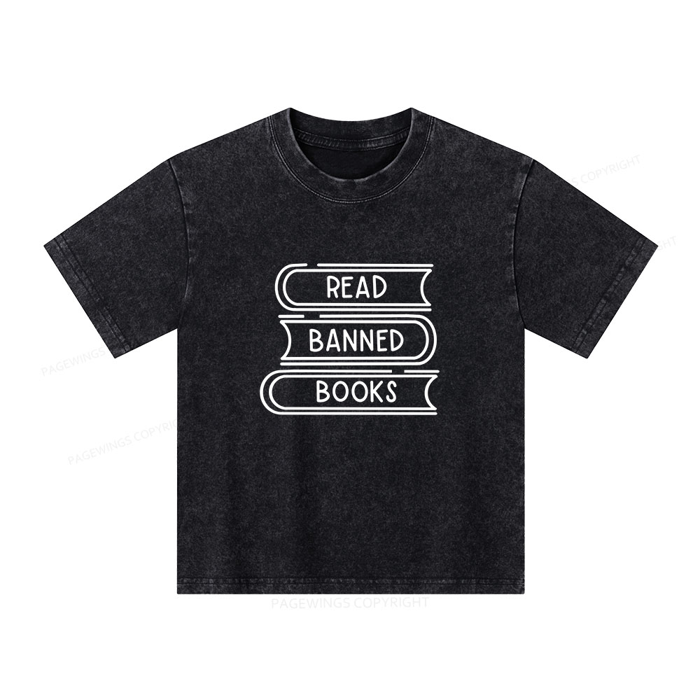 Pagewings Read Banned Books Stack Unisex Kids Washed T-shirt