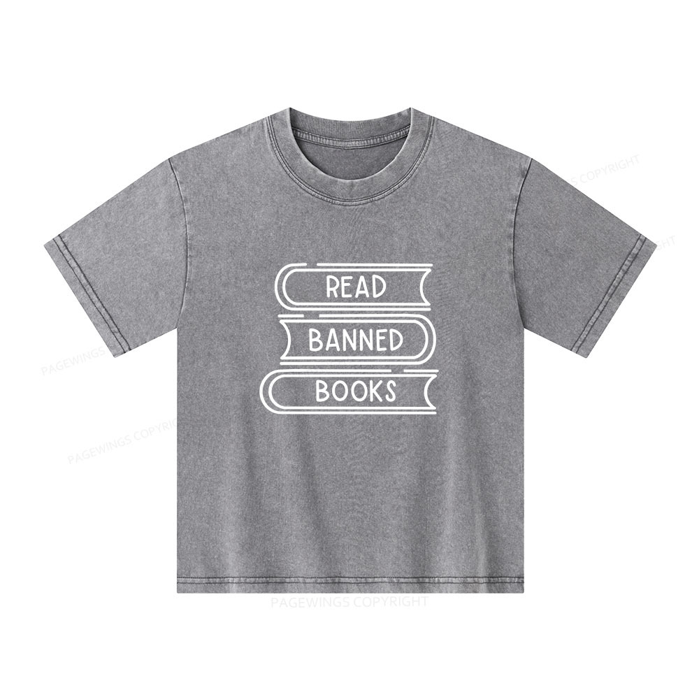 Pagewings Read Banned Books Stack Unisex Kids Washed T-shirt