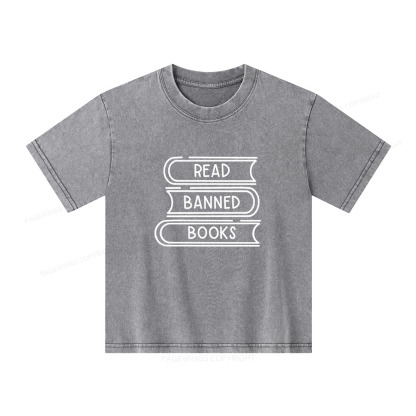 Pagewings Read Banned Books Stack Unisex Kids Washed T-shirt