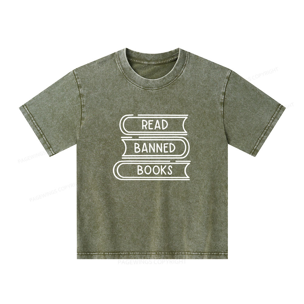 Pagewings Read Banned Books Stack Unisex Kids Washed T-shirt