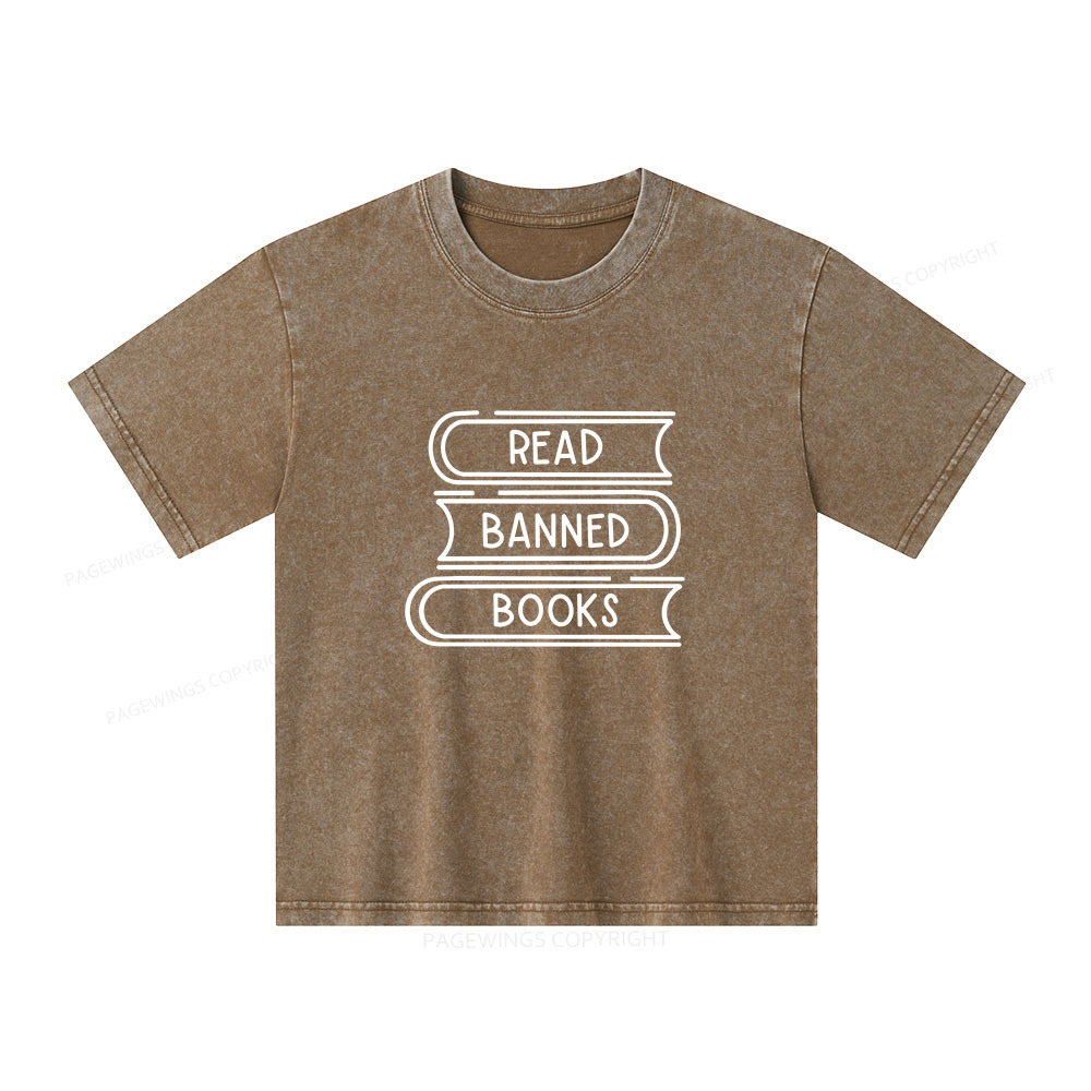 Pagewings Read Banned Books Stack Unisex Kids Washed T-shirt