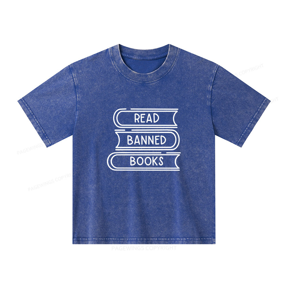 Pagewings Read Banned Books Stack Unisex Kids Washed T-shirt