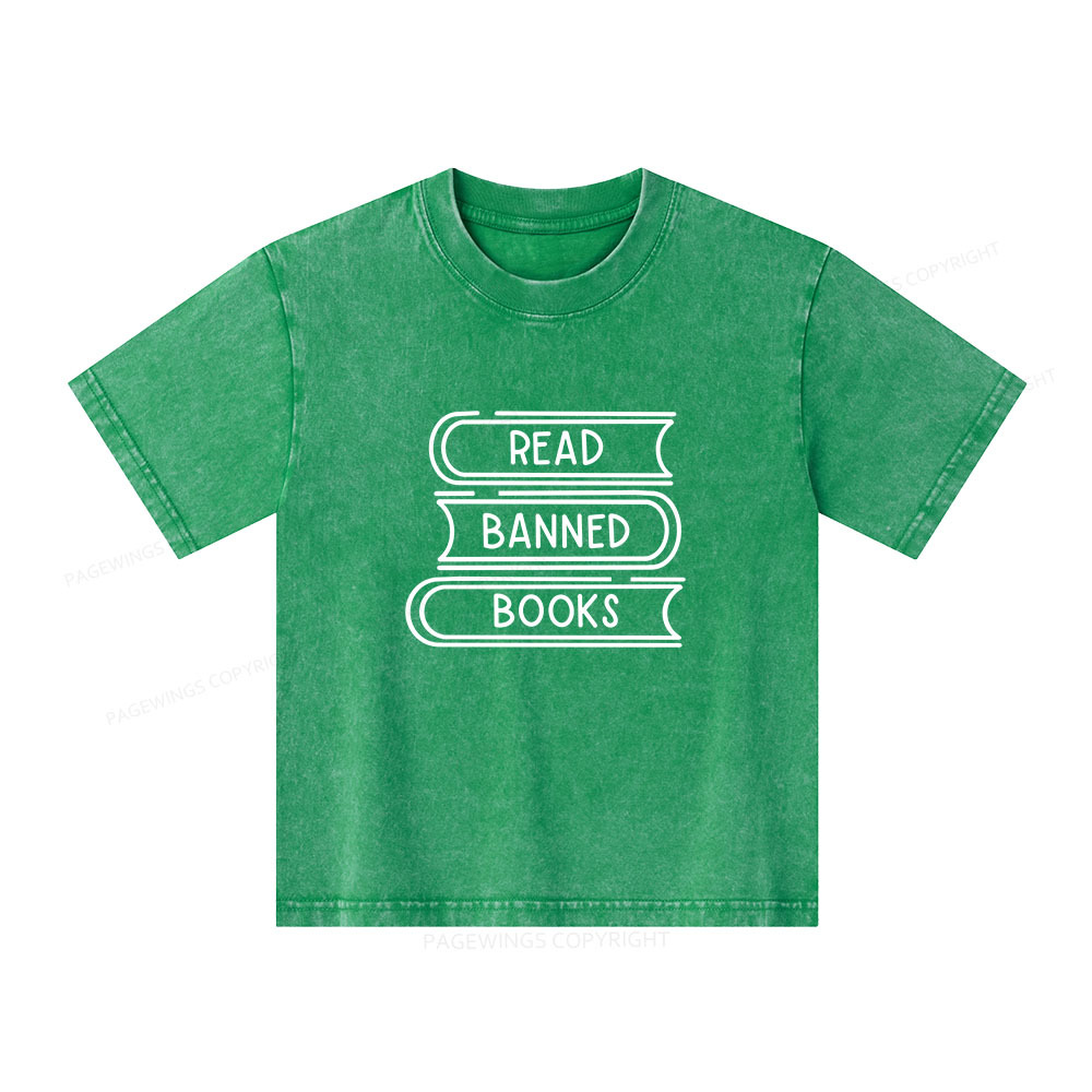 Pagewings Read Banned Books Stack Unisex Kids Washed T-shirt