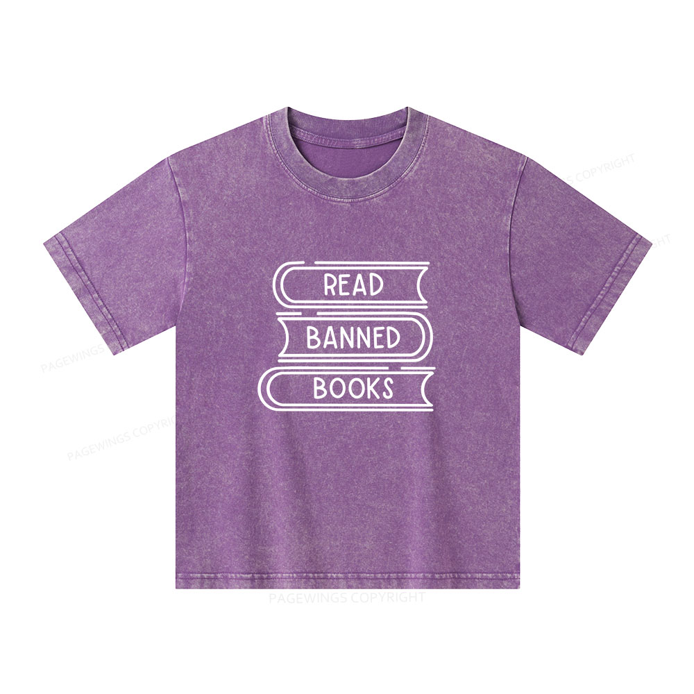Pagewings Read Banned Books Stack Unisex Kids Washed T-shirt