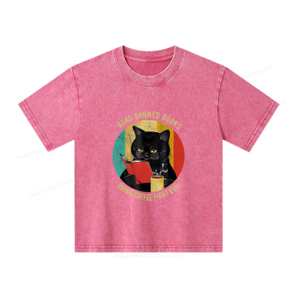 Pagewings Read Banned Books Drink Coffee Fight Evil Retro Cat Lovers Unisex Kids Washed T-shirt