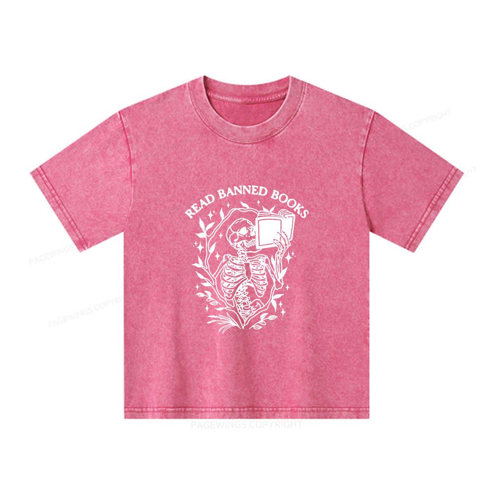 Pagewings Read Banned Books Skeleton Halloween Goth Protest Unisex Kids Washed T-shirt