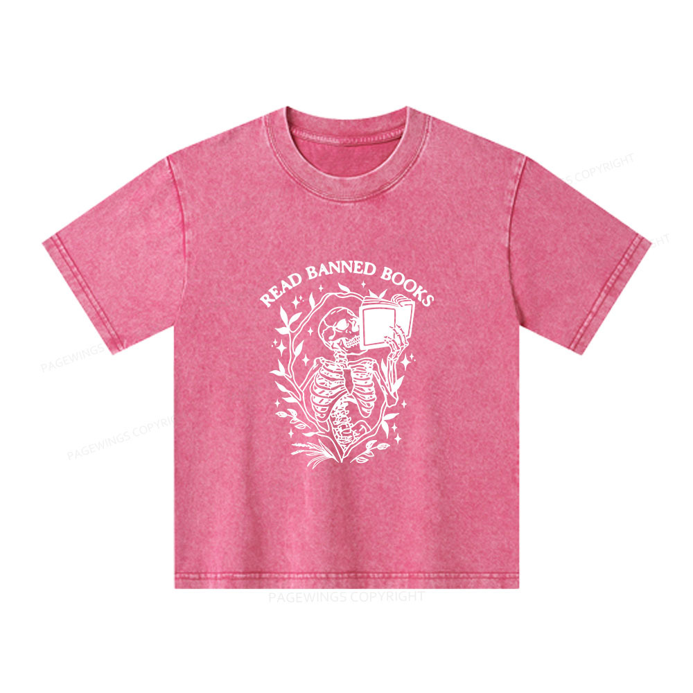 Pagewings Read Banned Books Skeleton Halloween Goth Protest Unisex Kids Washed T-shirt