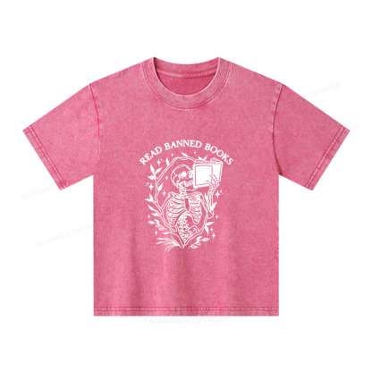 Pagewings Read Banned Books Skeleton Halloween Goth Protest Unisex Kids Washed T-shirt