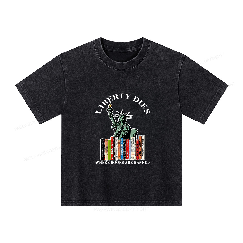 Pagewings Liberty Dies Where Books Are Banned Unisex Kids Washed T-shirt