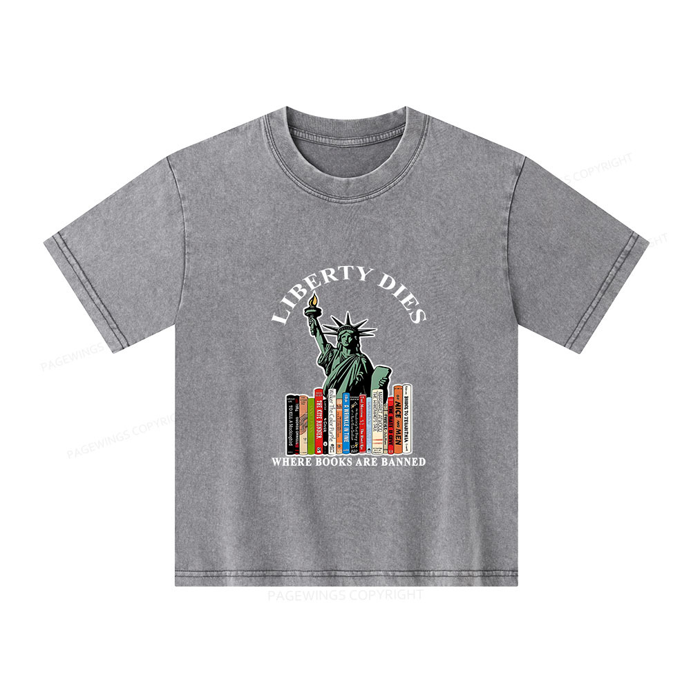 Pagewings Liberty Dies Where Books Are Banned Unisex Kids Washed T-shirt