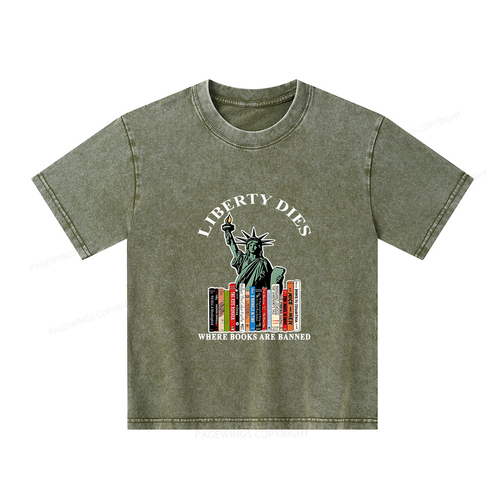 Pagewings Liberty Dies Where Books Are Banned Unisex Kids Washed T-shirt