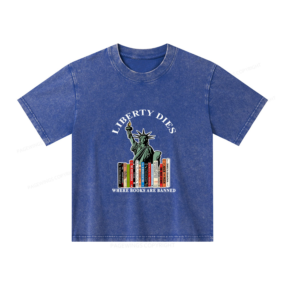 Pagewings Liberty Dies Where Books Are Banned Unisex Kids Washed T-shirt