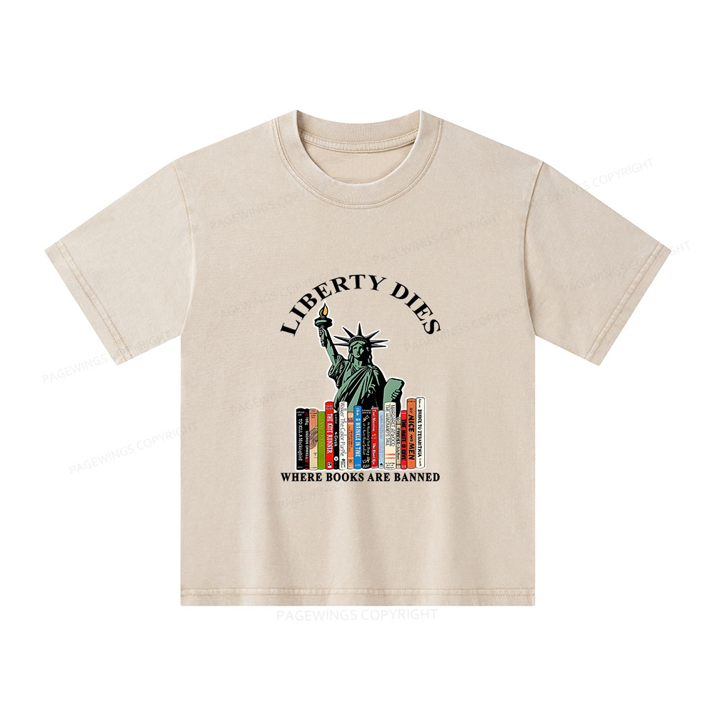 Pagewings Liberty Dies Where Books Are Banned Unisex Kids Washed T-shirt