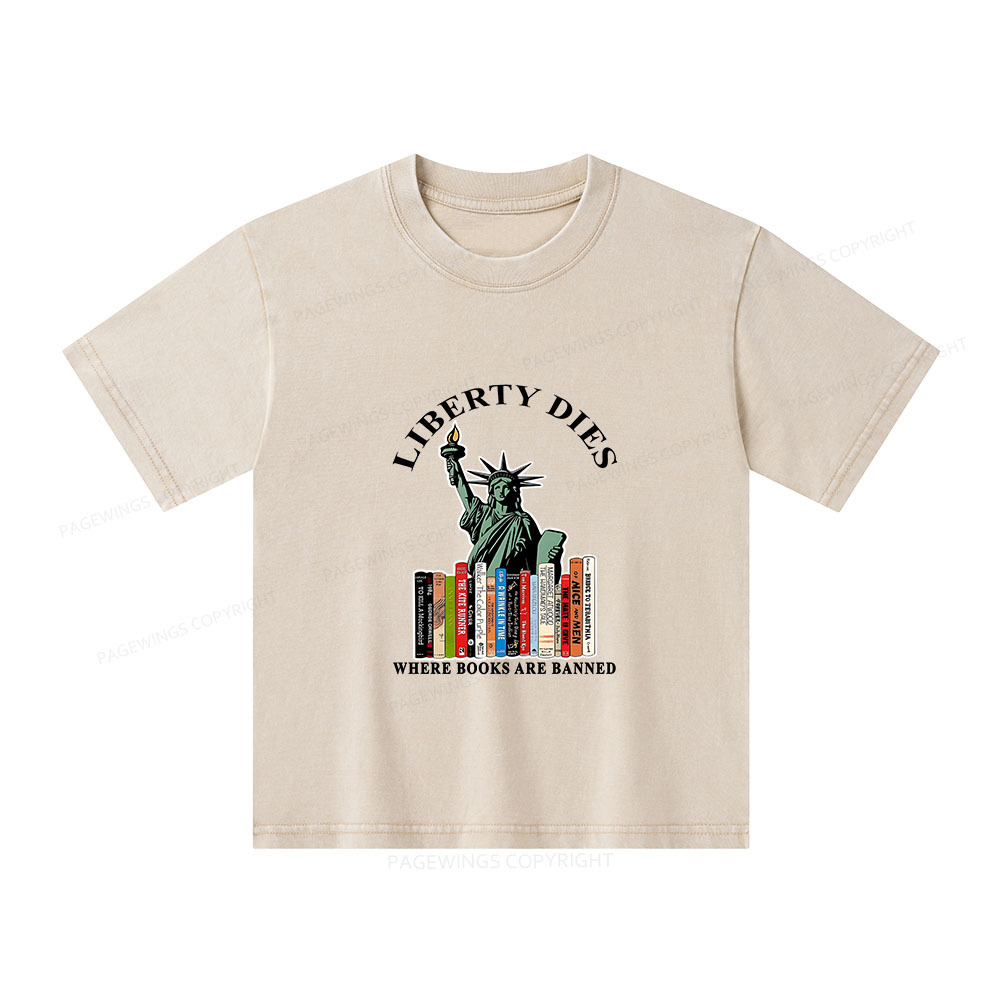 Pagewings Liberty Dies Where Books Are Banned Unisex Kids Washed T-shirt