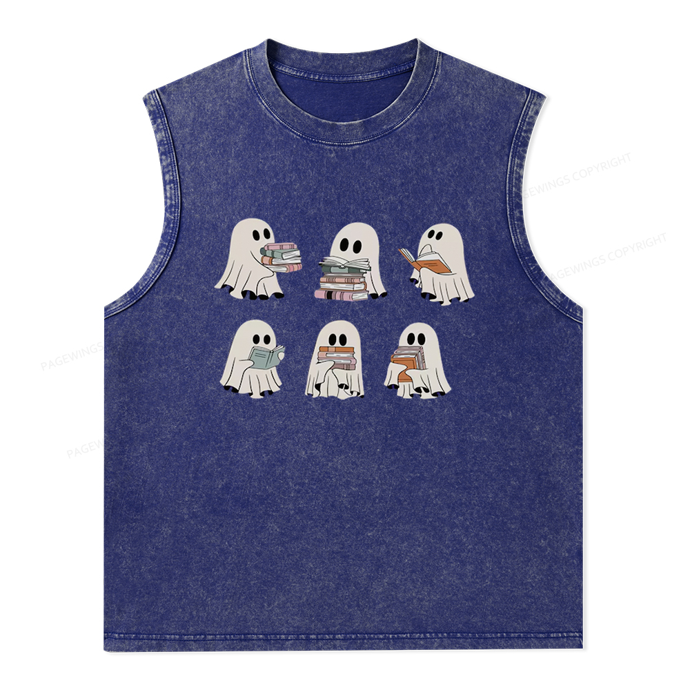 Pagewings Ghost Reading Halloween Unisex Washed Tank Top