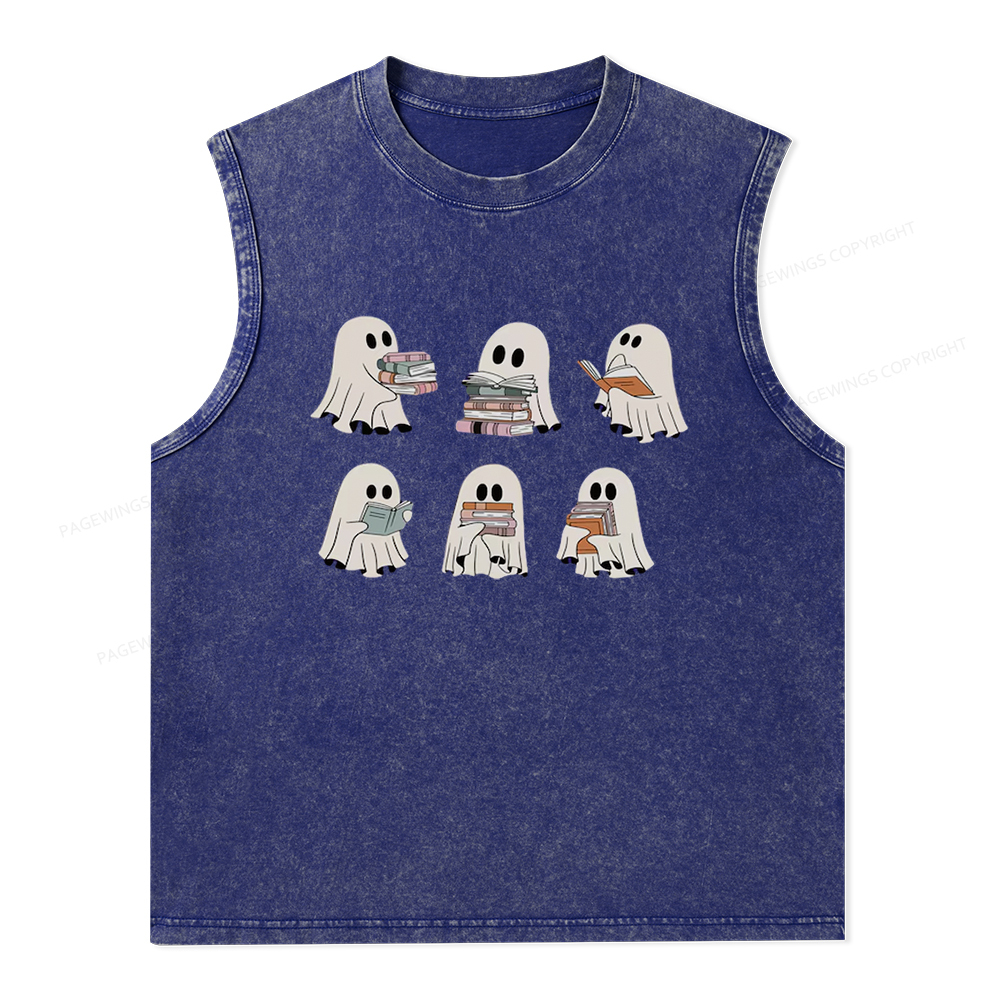 Pagewings Ghost Reading Halloween Unisex Washed Tank Top