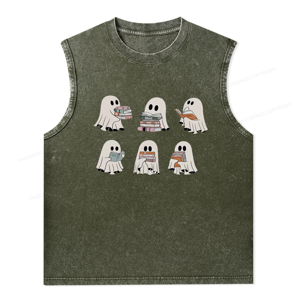 Pagewings Ghost Reading Halloween Unisex Washed Tank Top