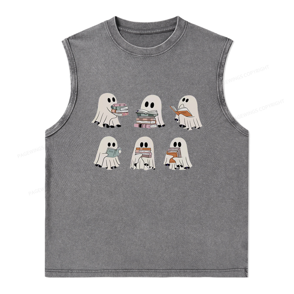 Pagewings Ghost Reading Halloween Unisex Washed Tank Top
