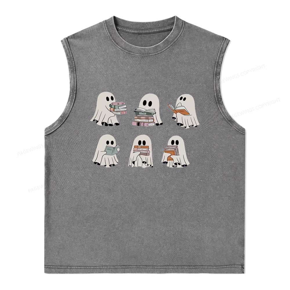 Pagewings Ghost Reading Halloween Unisex Washed Tank Top