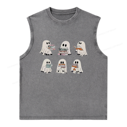 Pagewings Ghost Reading Halloween Unisex Washed Tank Top