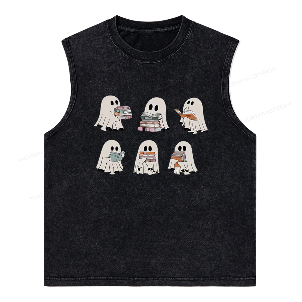 Pagewings Ghost Reading Halloween Unisex Washed Tank Top