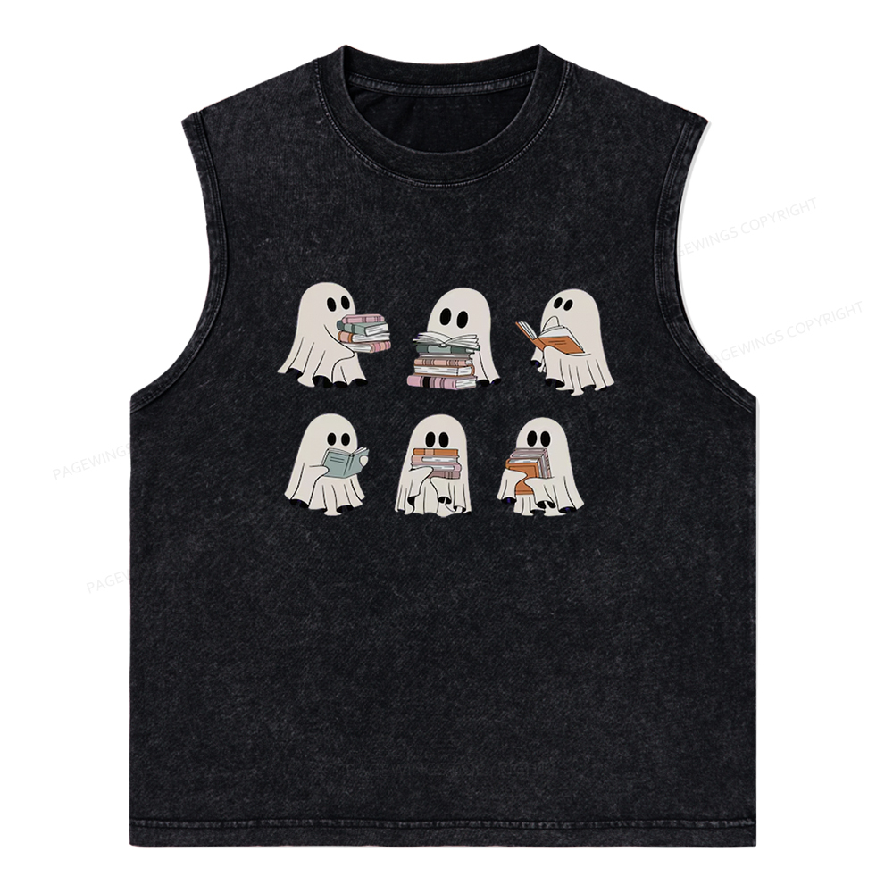 Pagewings Ghost Reading Halloween Unisex Washed Tank Top