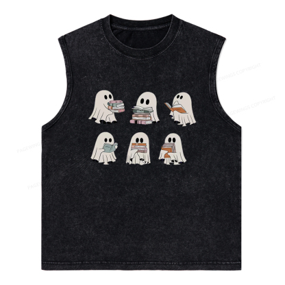 Pagewings Ghost Reading Halloween Unisex Washed Tank Top