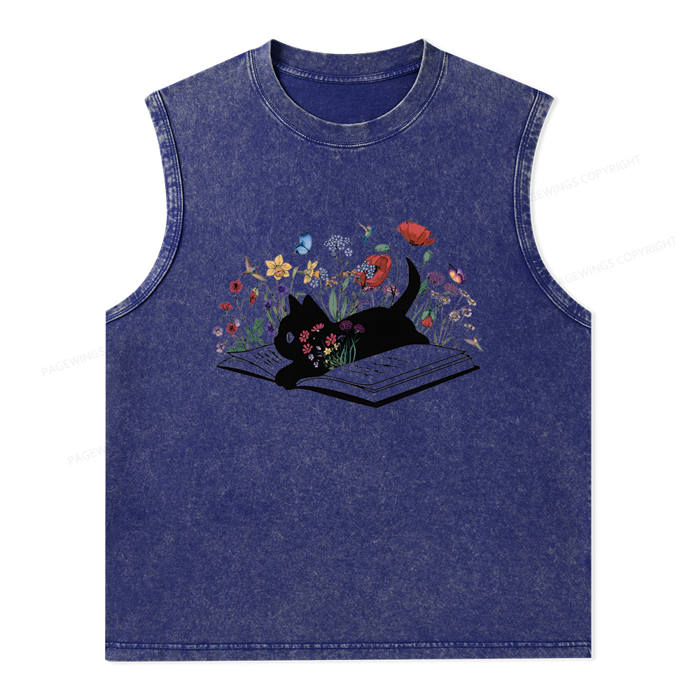 Pagewings Cute Book Cat Unisex Washed Tank Top