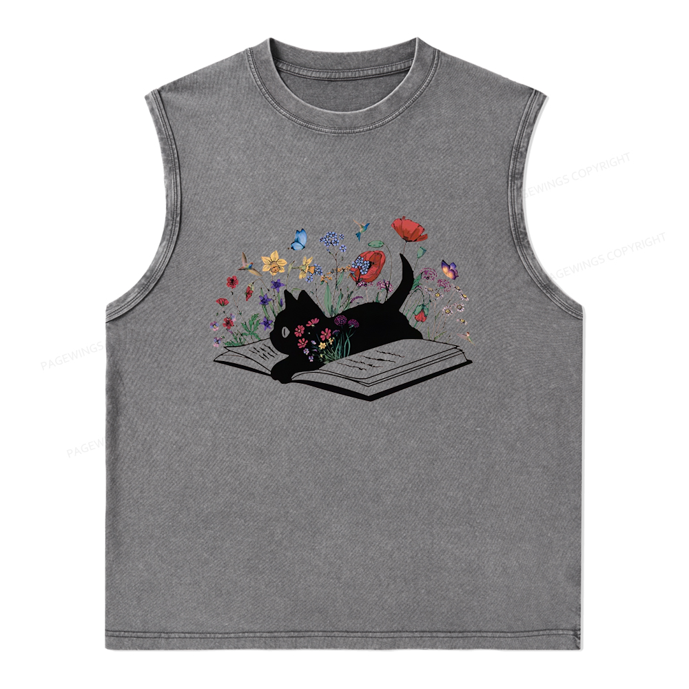 Pagewings Cute Book Cat Unisex Washed Tank Top