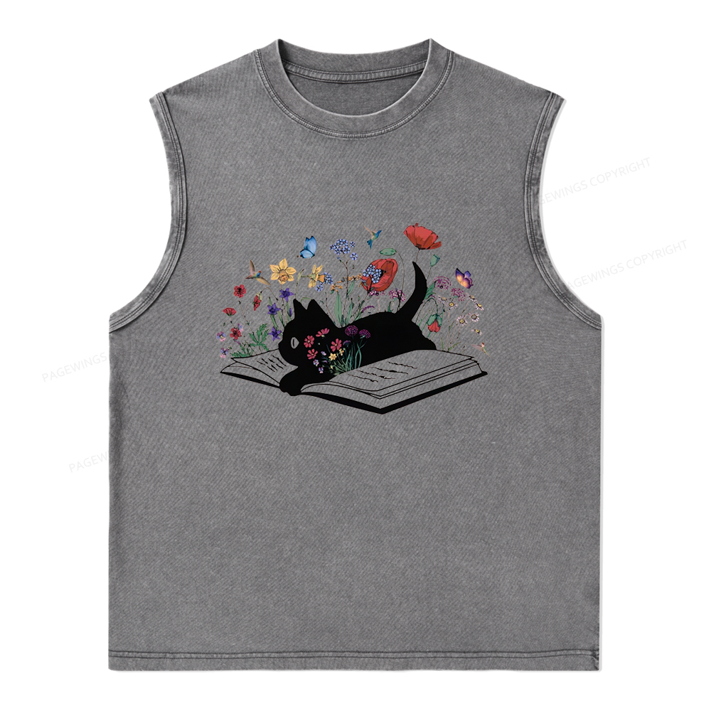 Pagewings Cute Book Cat Unisex Washed Tank Top