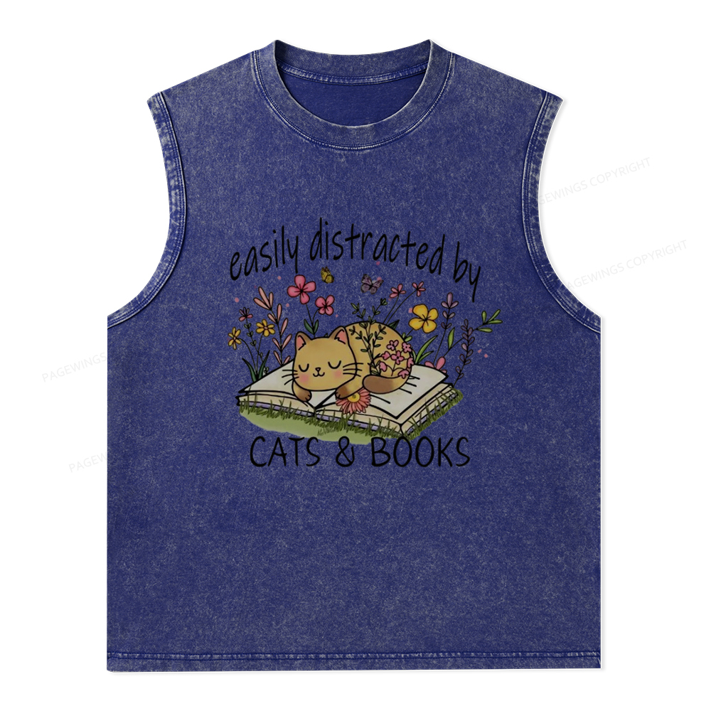 Pagewings Easily Distracted By Cats And Books Unisex Washed Tank Top