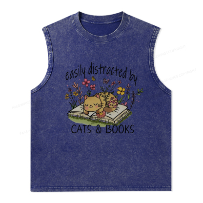 Pagewings Easily Distracted By Cats And Books Unisex Washed Tank Top