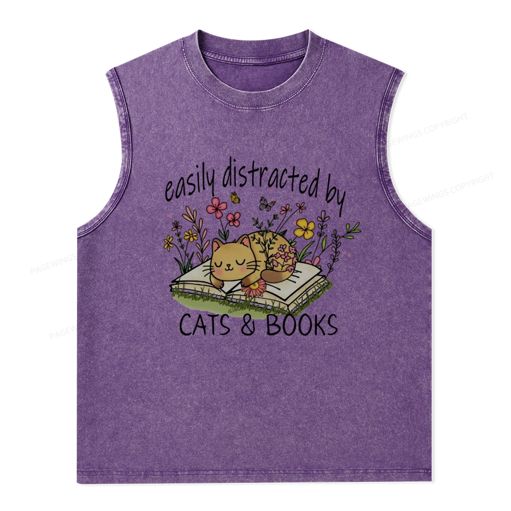 Pagewings Easily Distracted By Cats And Books Unisex Washed Tank Top